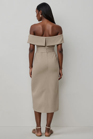 Off The Shoulder Khaki Sheath Midi Work Dress
